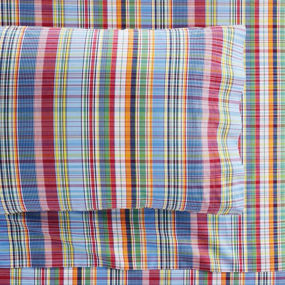 Pottery Barn Teen Bridgeport Plaid Organic Cotton Full Flat Sheet Multicolor